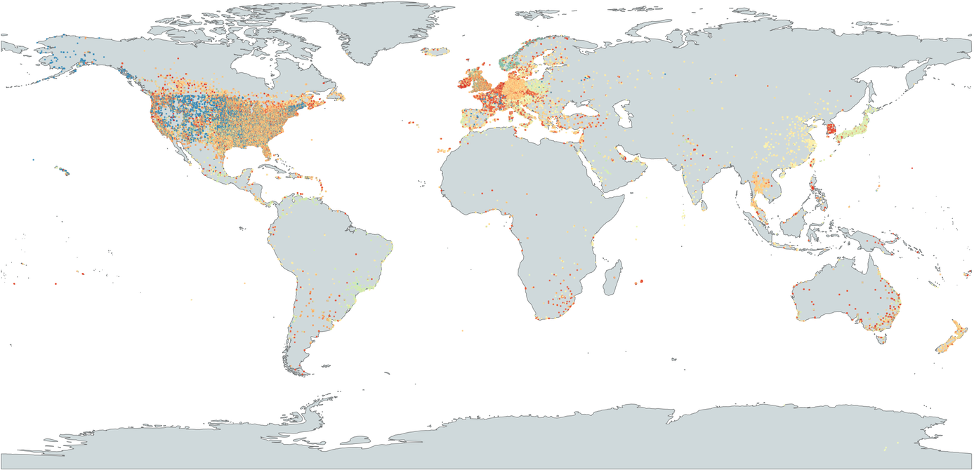 Map with points for a recent run of the scrapers